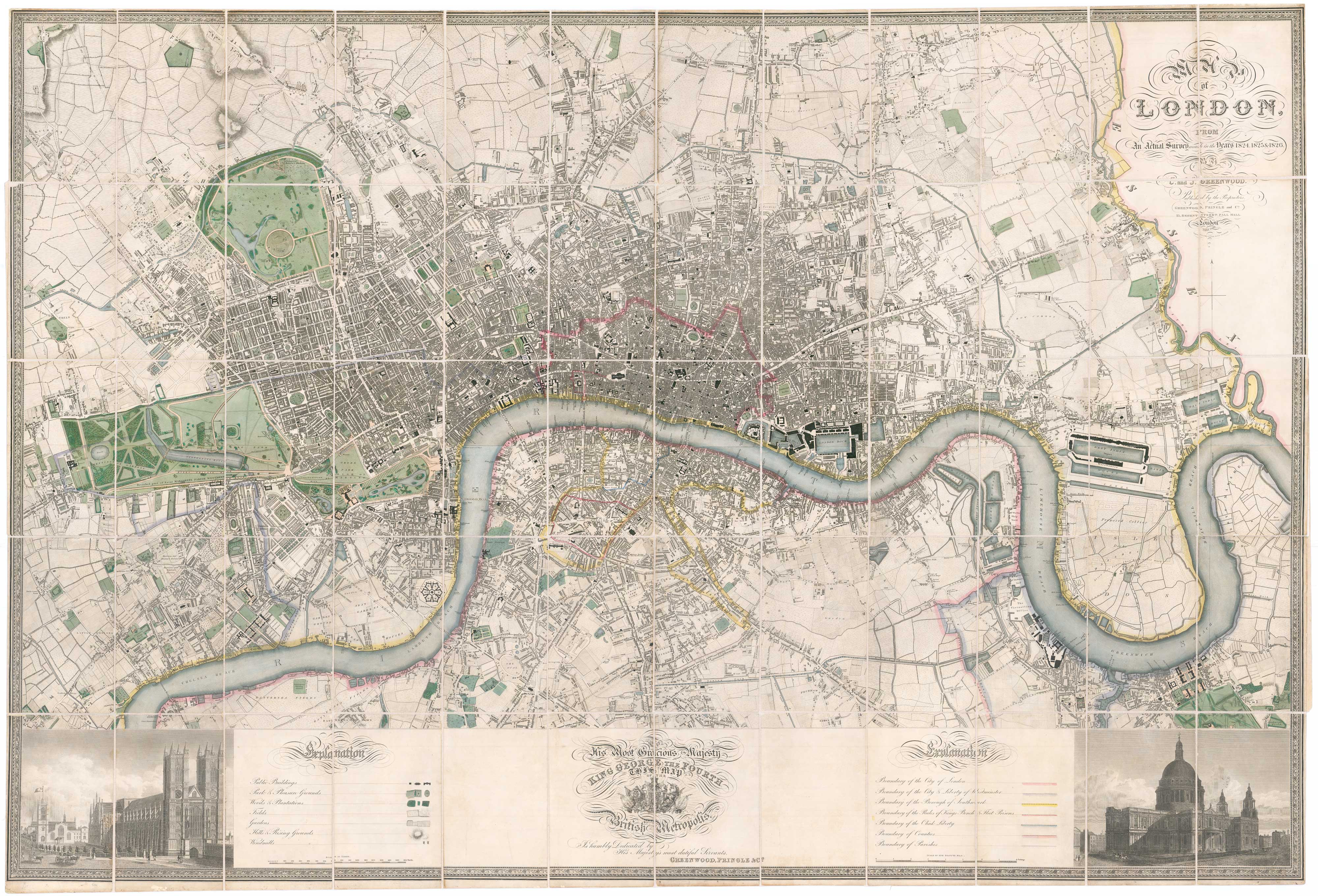 Greenwood's six-sheet plan of London, in fine colour, 1827, titled: Map of London from Actual Survey Made in the Years 1824, 1825 & 1826...