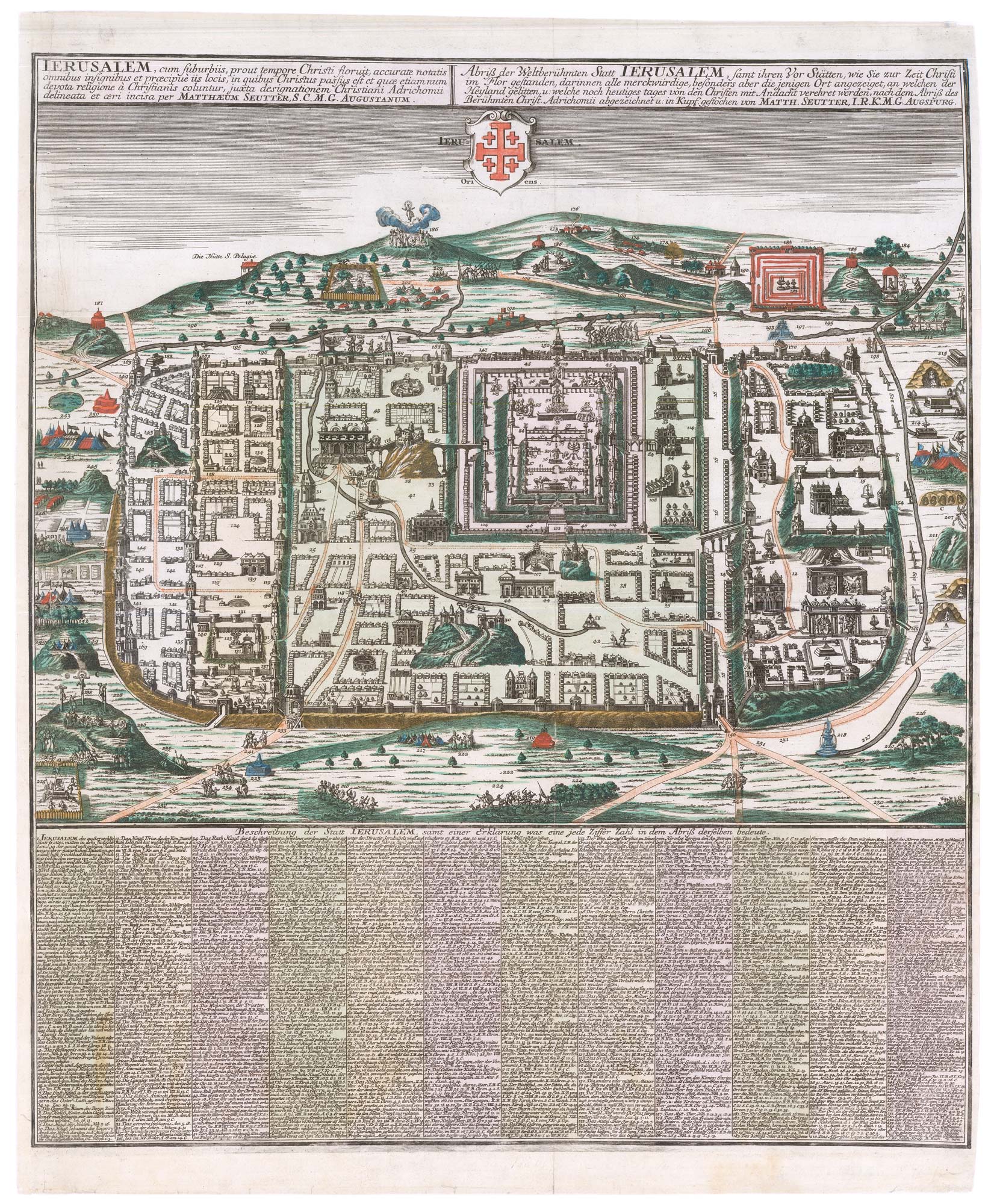 Seutter's plan of Jerusalem after Adrichom, titled: Ierusalem, cum suberbiis, prout tempore Christi floruit...