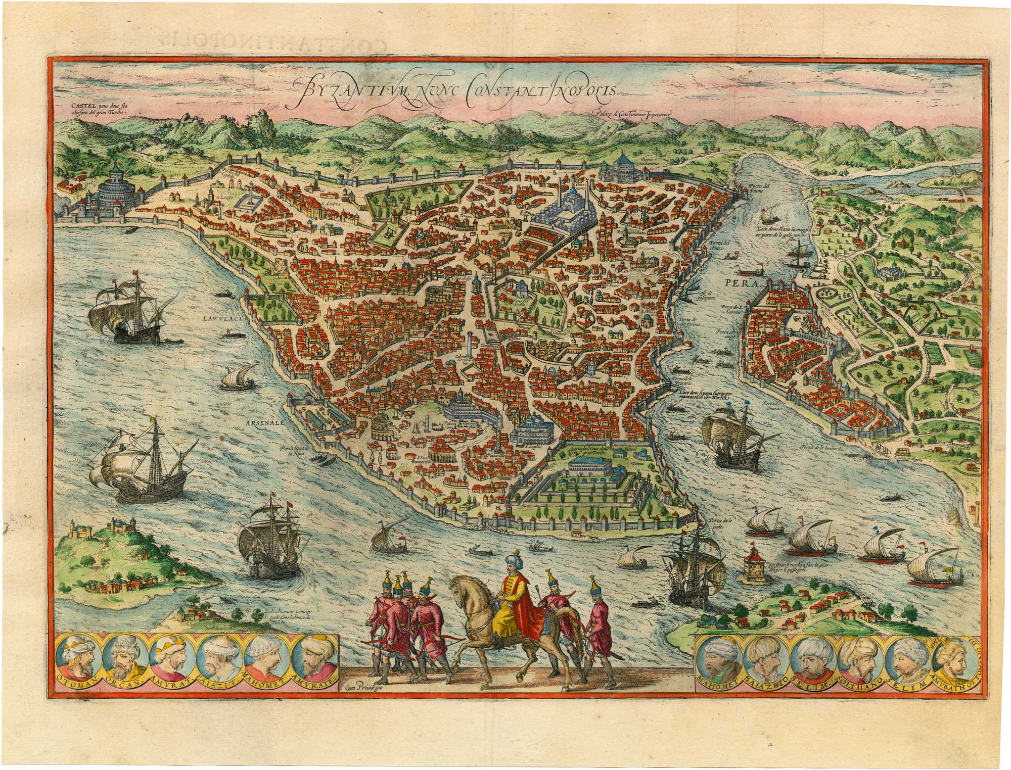 Braun and Hogenberg's map of Constantinople, Byzantium, nunc Constantinopolis.