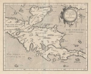 Cornelis Van Wytfliet's map of the Yucatan Peninsula, titled: Iucatana Regio et Fondura.