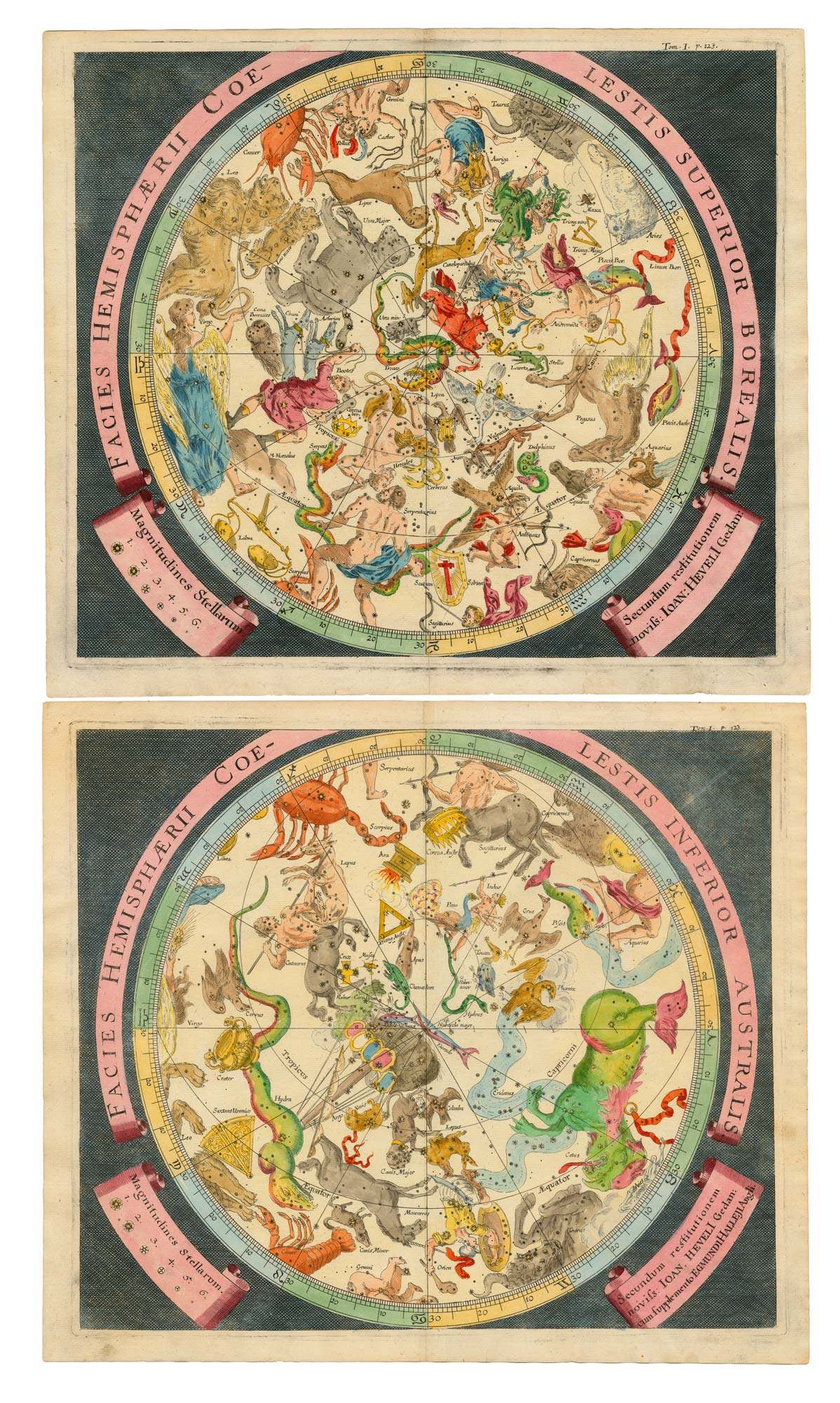 Zahn's Celestial hemispheres after Hevelius, titled: Facies Hemisphaerii Coelestis Superior Borealis; Facies Hemisphaerii Coelestis Inferior Australis.