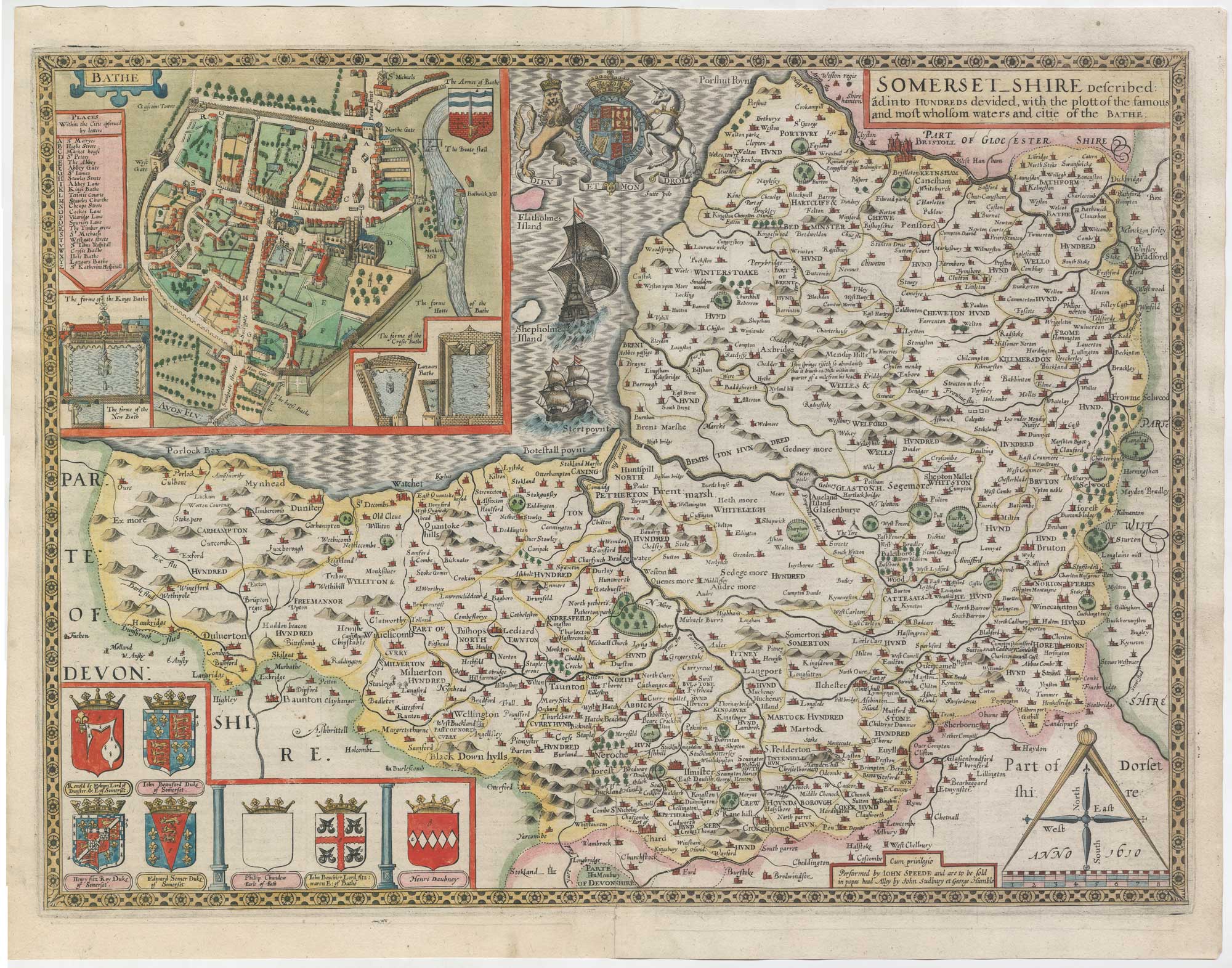 The scarce First Edition of Speed's map of Somerset