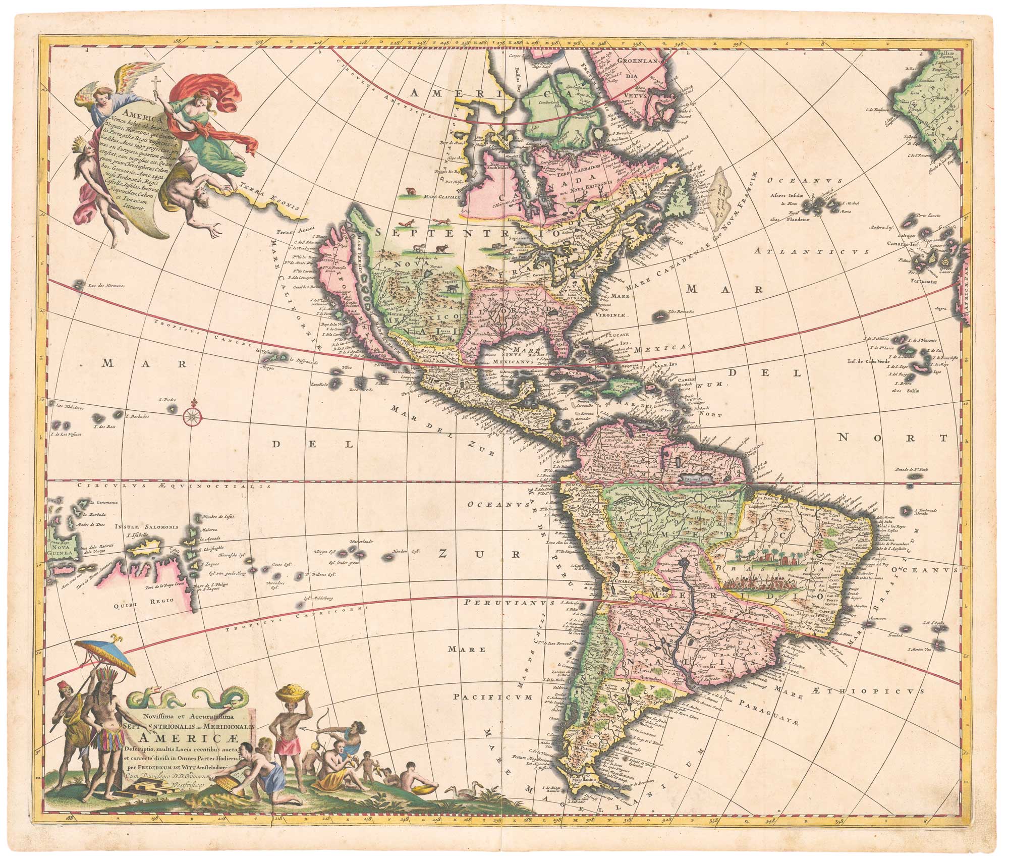 De Wit's map of the Americas, titled: Novissima et Accuratissima Totius Americae Descriptio