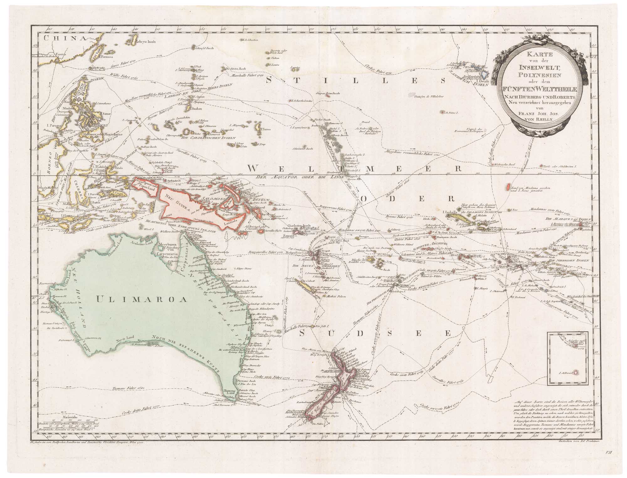 Reilly's map of Australasia, titled: Karte von der der Inselwelt Polynesien oder dem Funften Welttheile, nach Djurberg und Roberts.