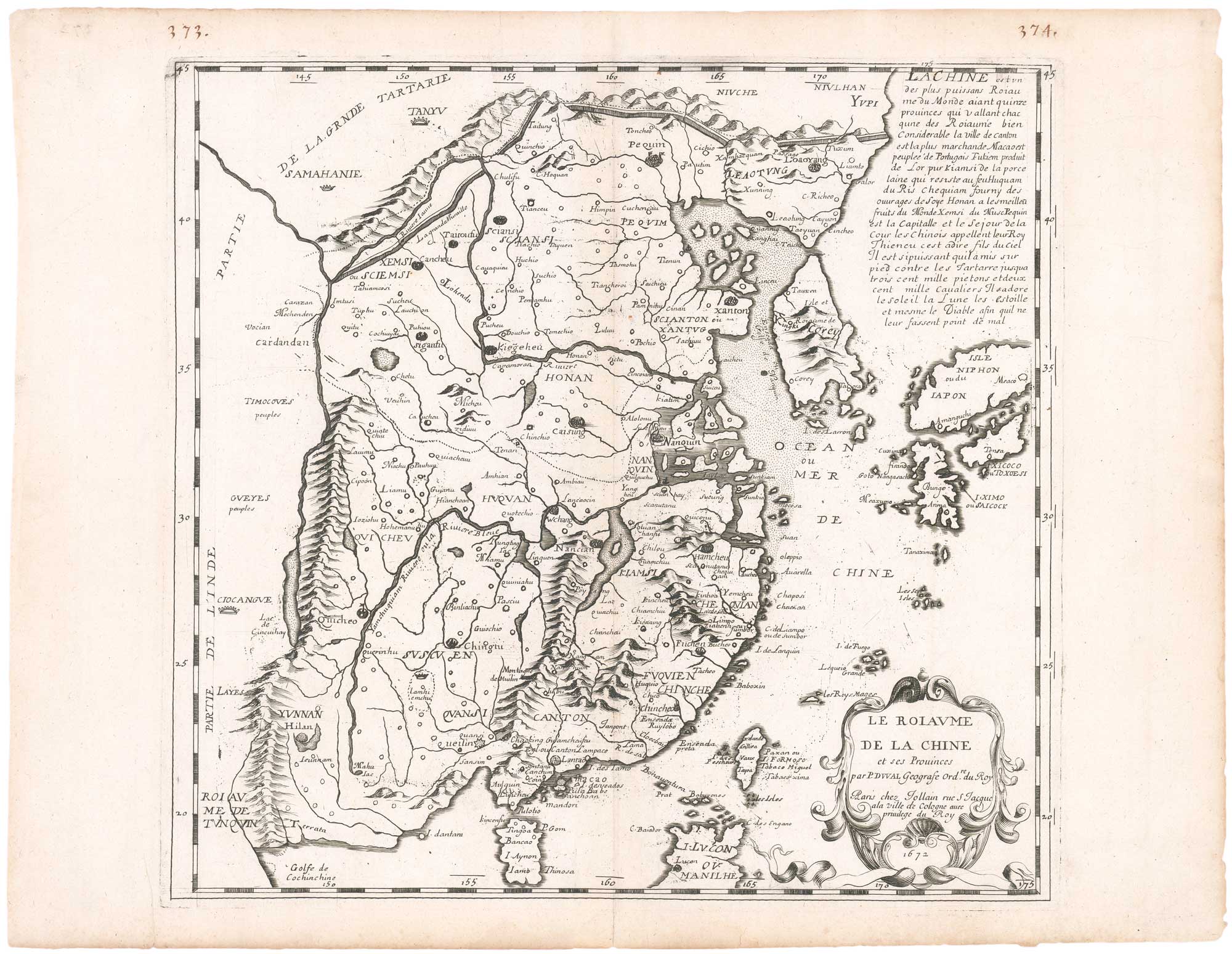 Du Val's scarce map of China, titled: Le Roiaume de la Chine et ses Provinces par P. Duval Geografe Ord.re du Roy.