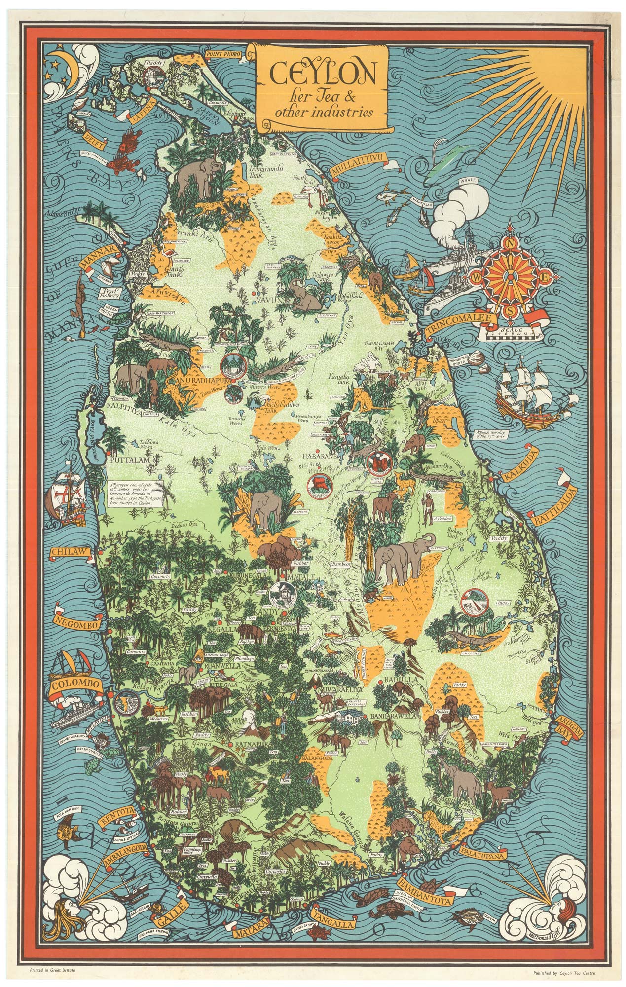MacDonald Gill, poster map of Ceylon / Sri Lanka, titled: Ceylon: her Tea & other industries.