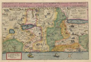 De Jode's map of Palestine, Holy Land, Israel, titled: Descriptio et Situs Terrae Sanctae Alio Nomine Palaestina Multis Preclaris Historys et Miraculis Utriq3 Testamenti A Christo Salvatore nobilata..