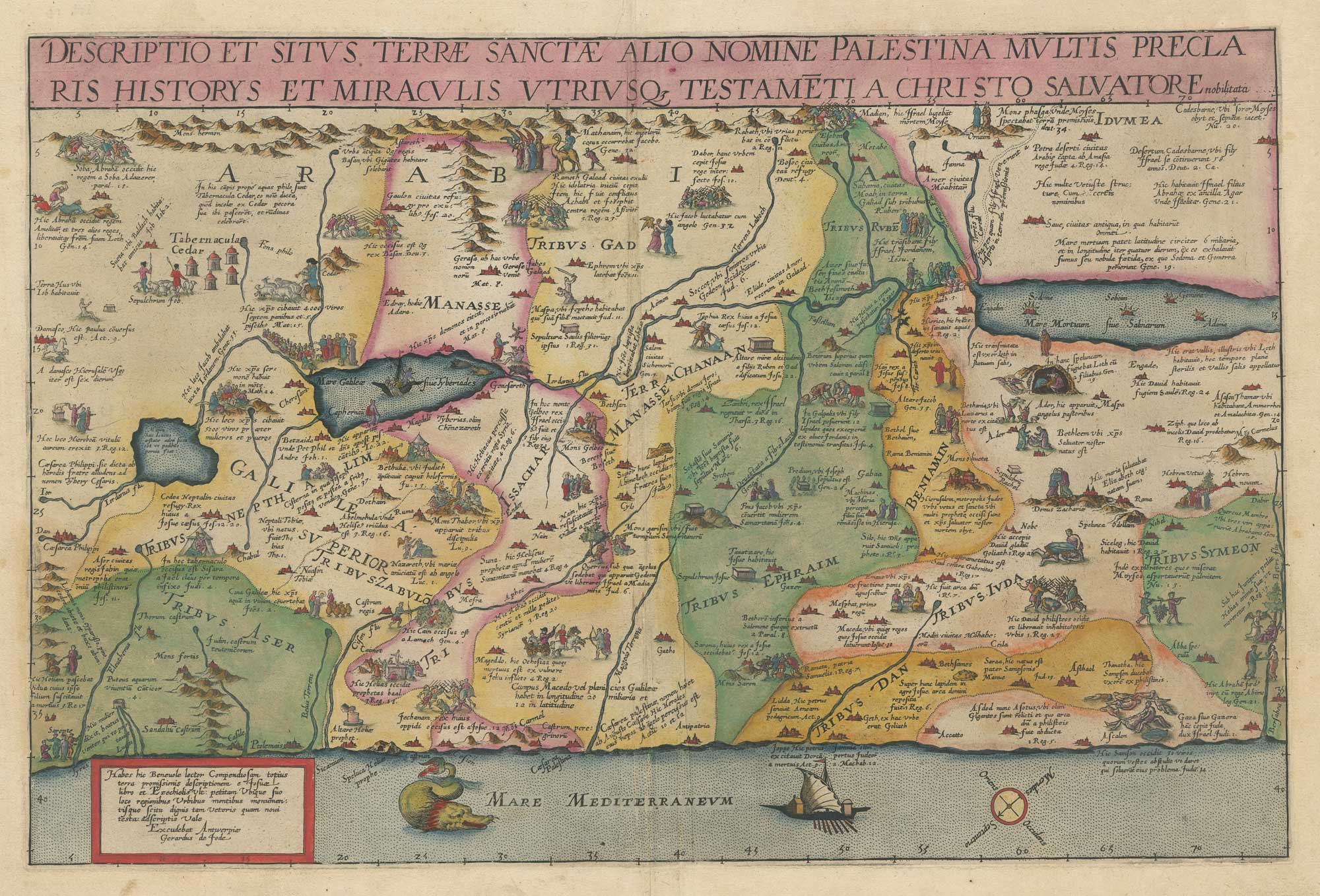 De Jode's map of Palestine, Holy Land, Israel, titled: Descriptio et Situs Terrae Sanctae Alio Nomine Palaestina Multis Preclaris Historys et Miraculis Utriq3 Testamenti A Christo Salvatore nobilata..