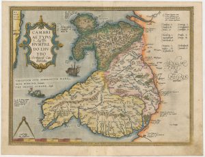 Lhuyd / Ortelius, the first printed map of Wales, titled: Cambriae Typus Auctore Humfredo Lhuydo Denbigiense Cambrobritanno.