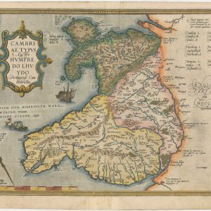 Lhuyd / Ortelius, the first printed map of Wales, titled: Cambriae Typus Auctore Humfredo Lhuydo Denbigiense Cambrobritanno.
