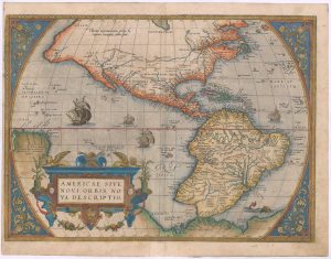 Antique map of the Americas by Abraham Ortelius, titled: America Sive Novi Orbis Nova Descriptio.