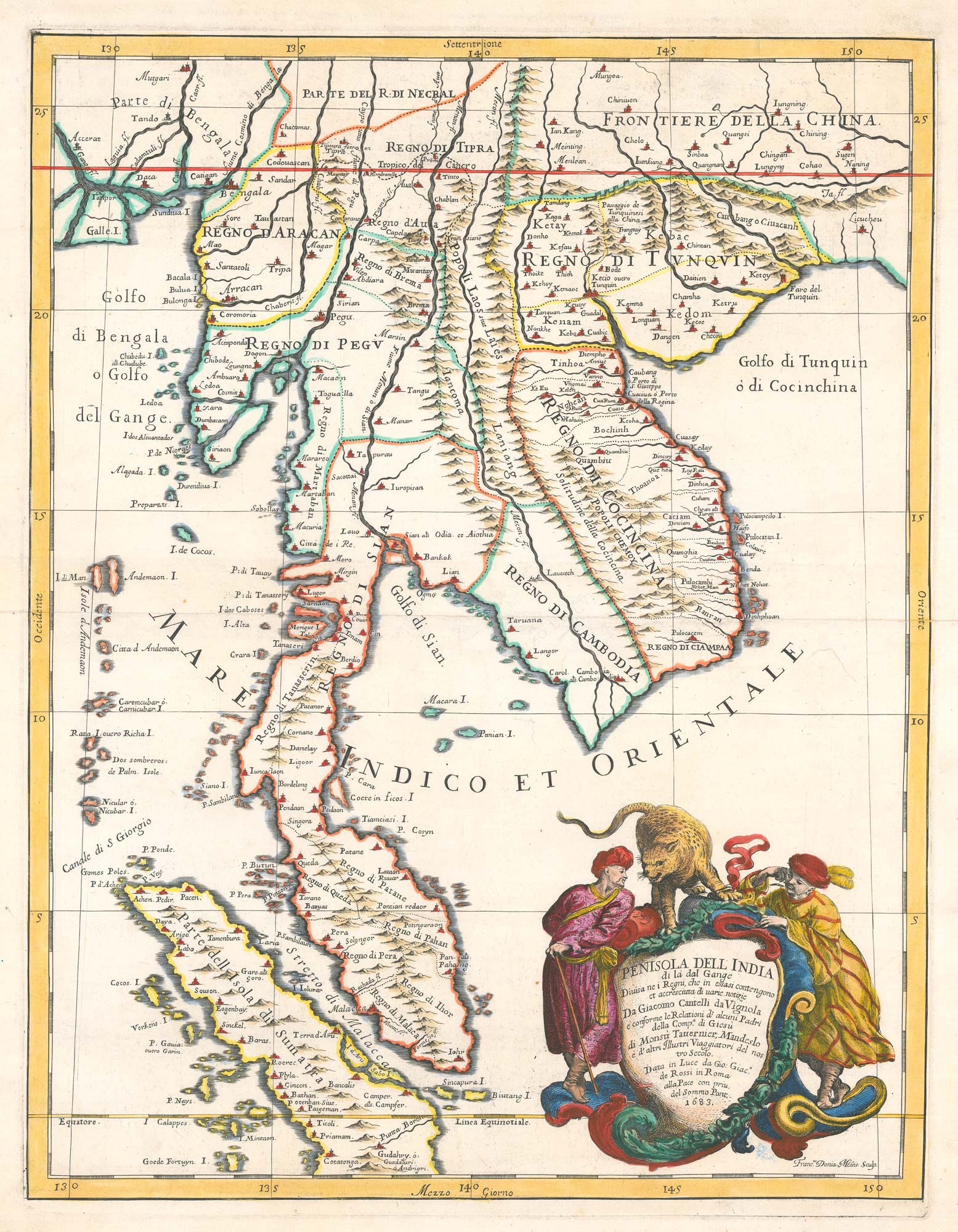 Antique map of Burma, Thailand, the Malay Peninsula, Cambodia & Vietnam by Cantelli da Vignola