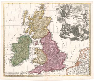 Antique map of the British Isles by Homann, with a portrait of Queen Anne