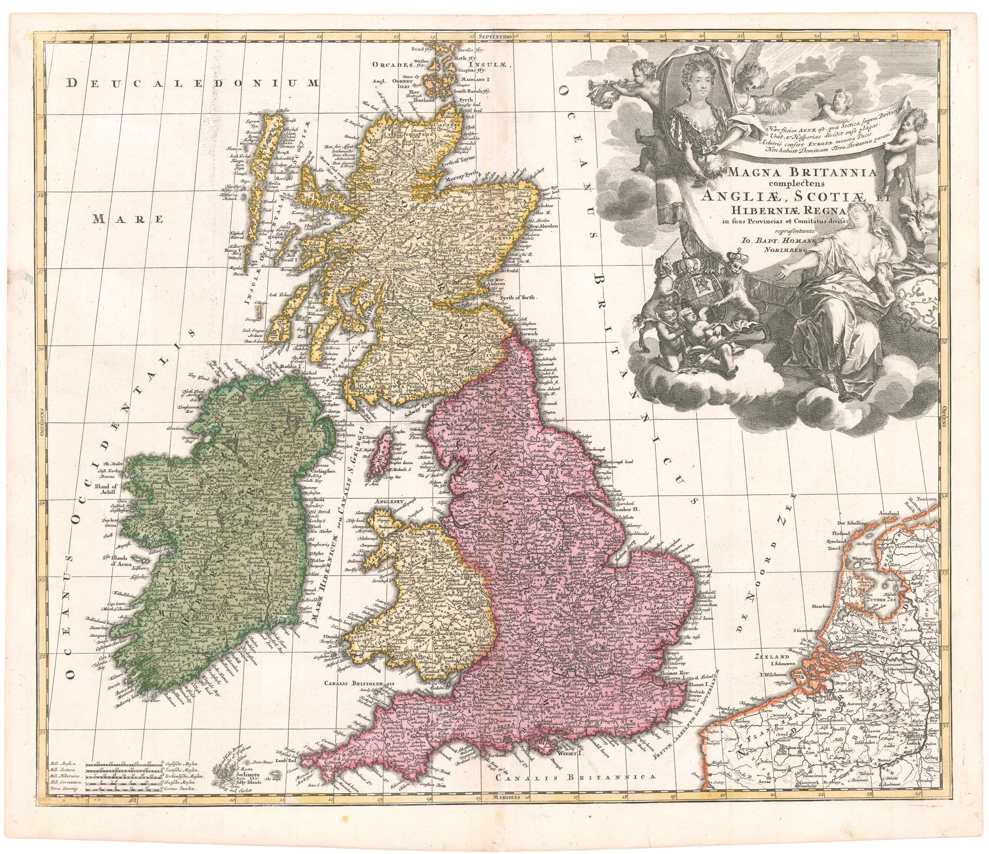 Antique map of the British Isles by Homann, with a portrait of Queen Anne