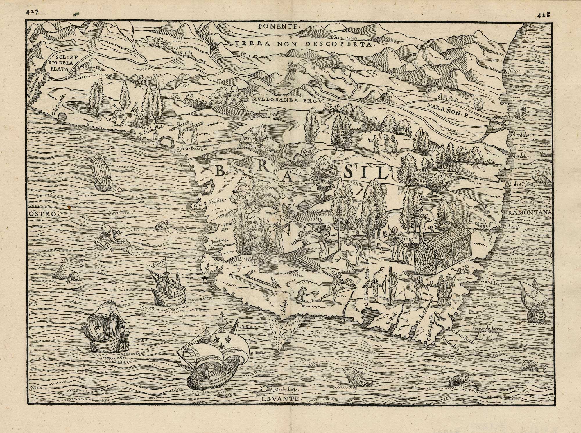 The first printed map to focus on Brazil by Ramusio
