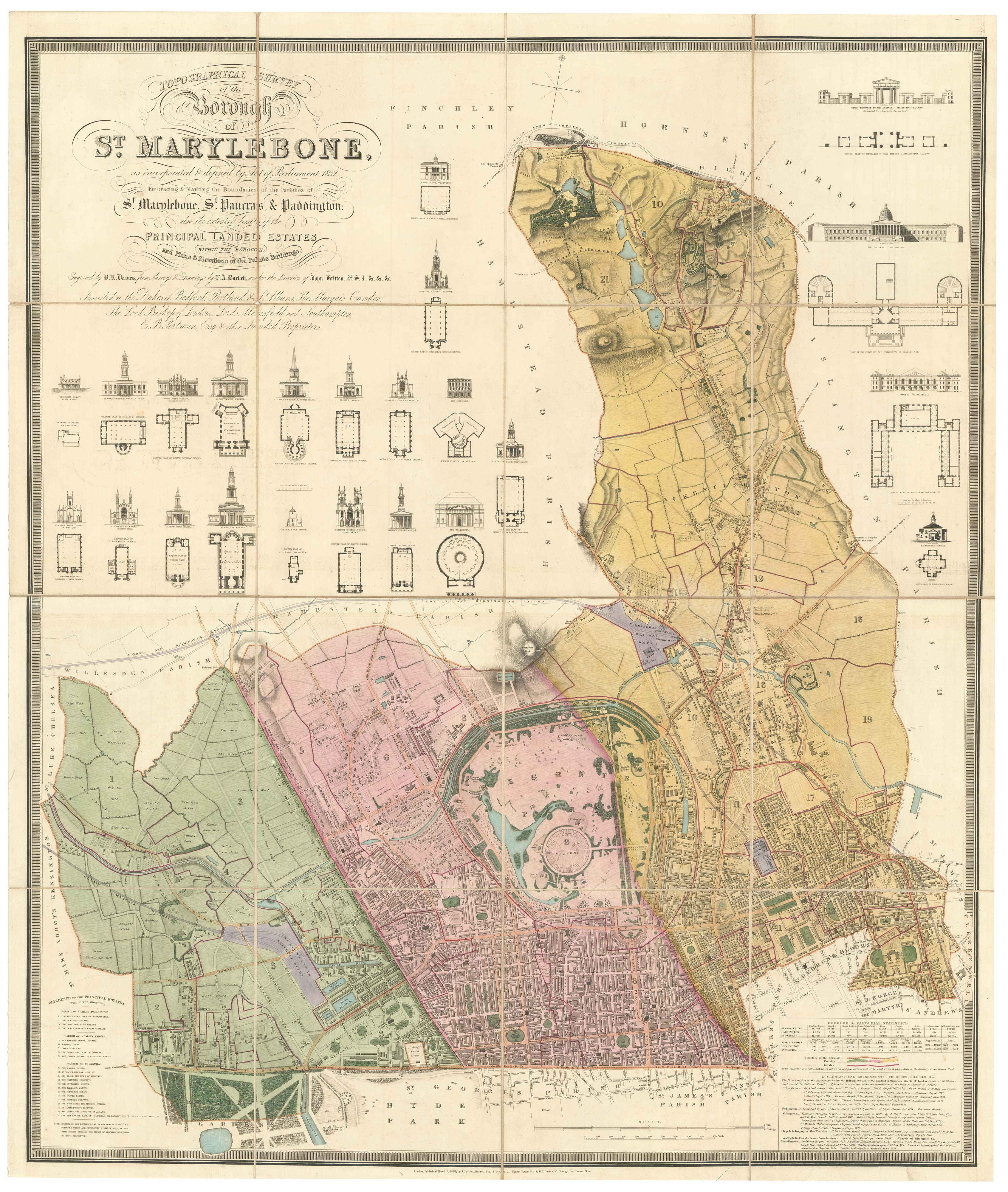 Large antique map of Marylebone by Bartlett, 1838