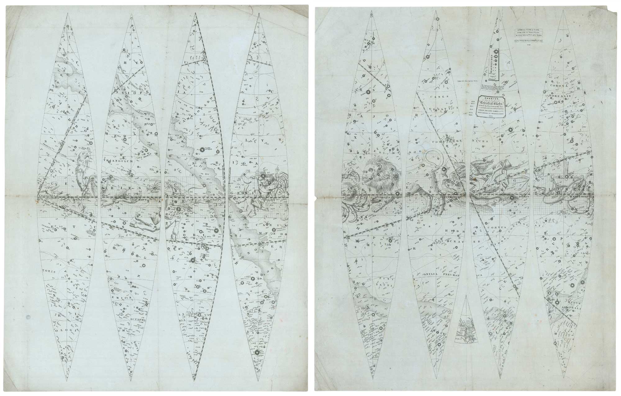 A scarce set of gores for a mid-19th century celestial globe by Harris