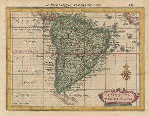 Miniature antique map of South America by Jansson