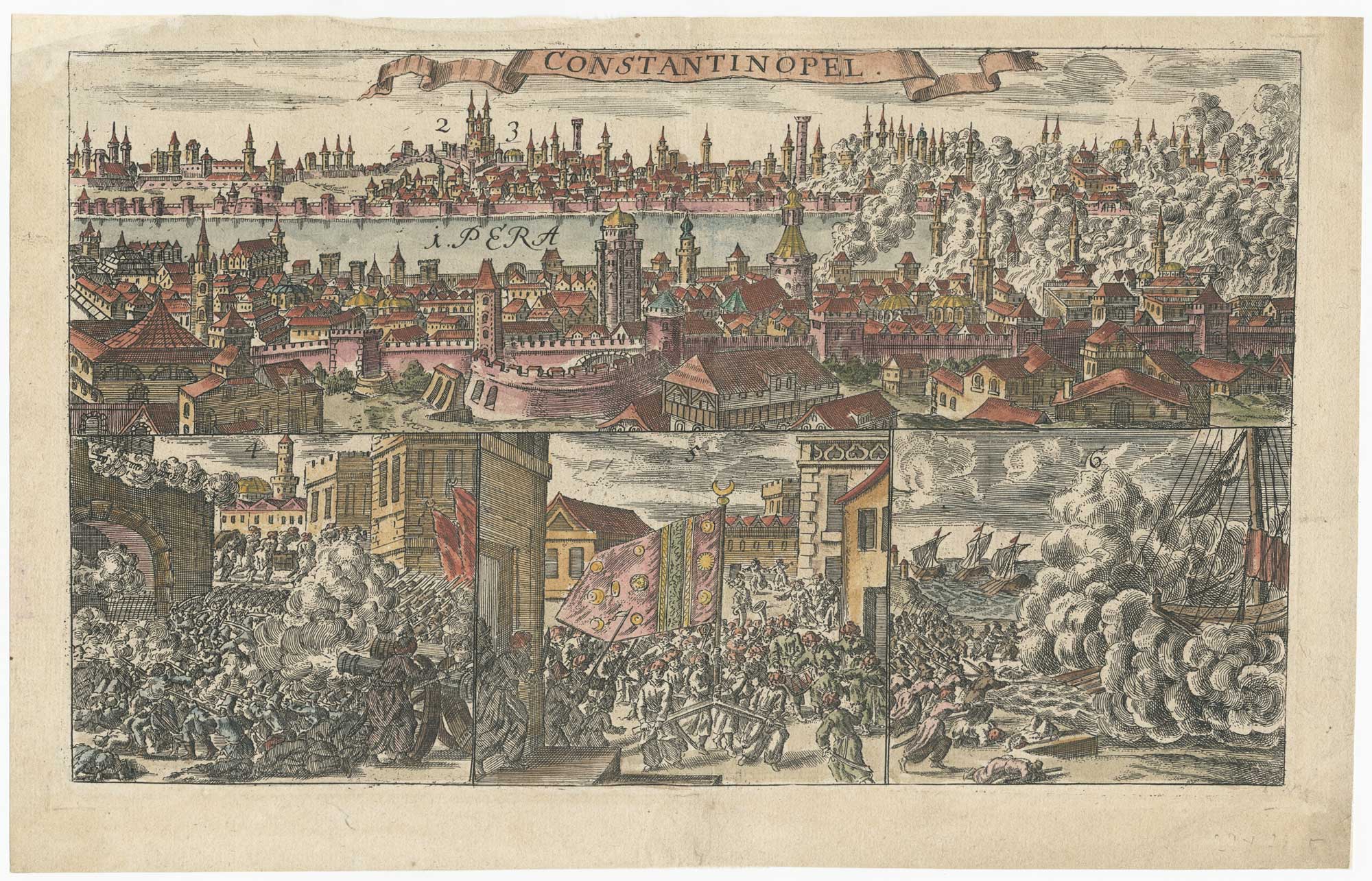 Four illustrations of the fall of Constantinople in 1493 by Boeathius