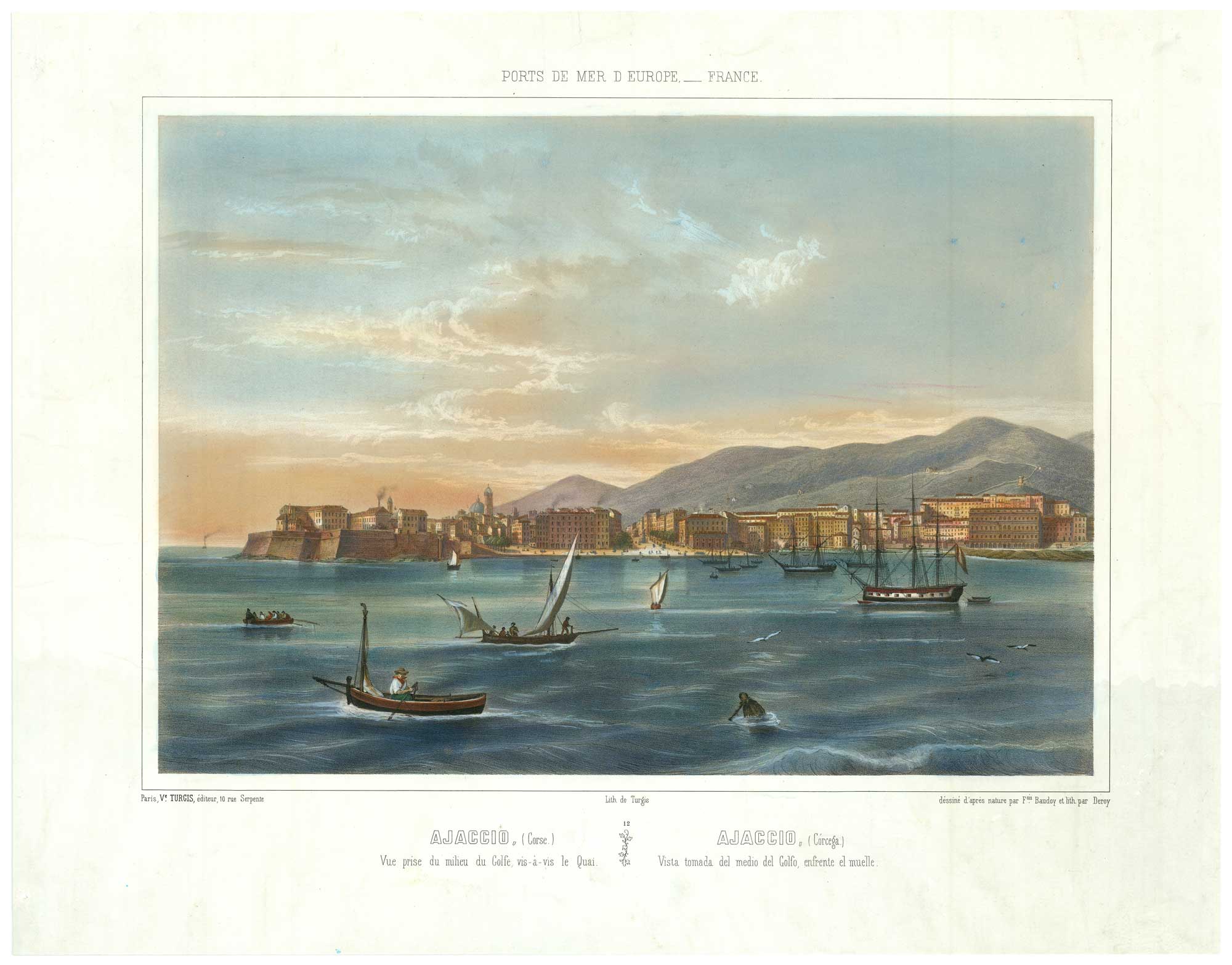 Antique view of Ajaccio in Corsica by Deroy