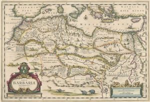 Antique map of North Africa by Jansson decorated with dragons