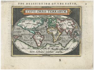 Antique miniature world map by Ortelius, English edition