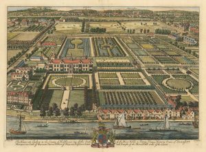 Antique view of Beaufort House & garden in Chelsea by Knyff, 1707