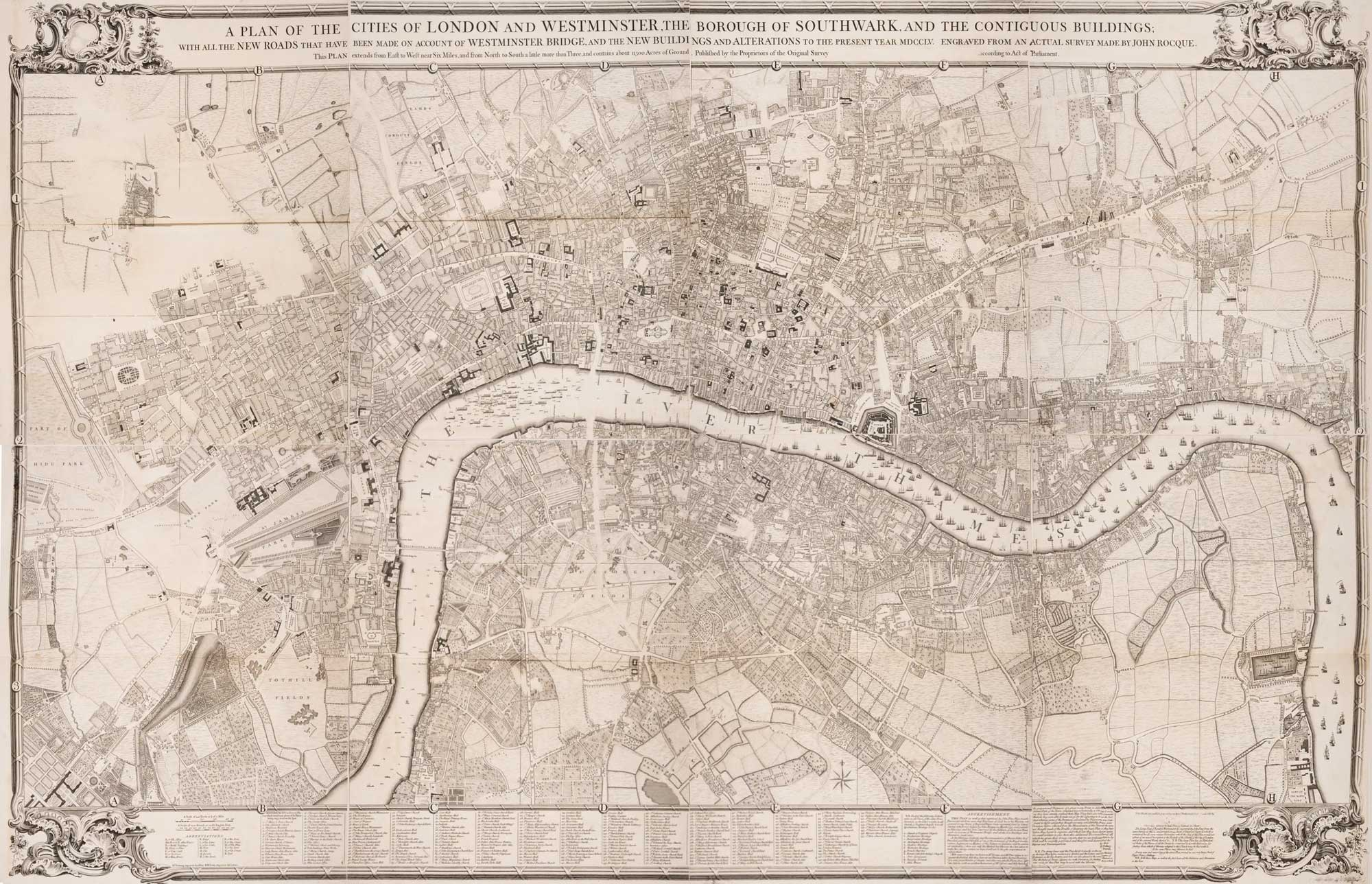 The rare reduction on eight sheets of Rocque’s monumental plan of London